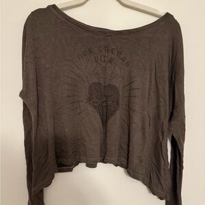 Truly Madly Deeply Cropped Long-Sleeve Top in Taupe with Heart Graphic